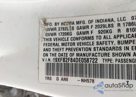 2013 Honda Civic Ex z USA, uszkodzony, nr VIN 19XFB2F84DE058722